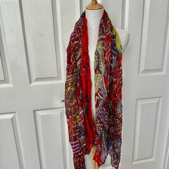 Red  colorful pattern scarf - Picture 4 of 6